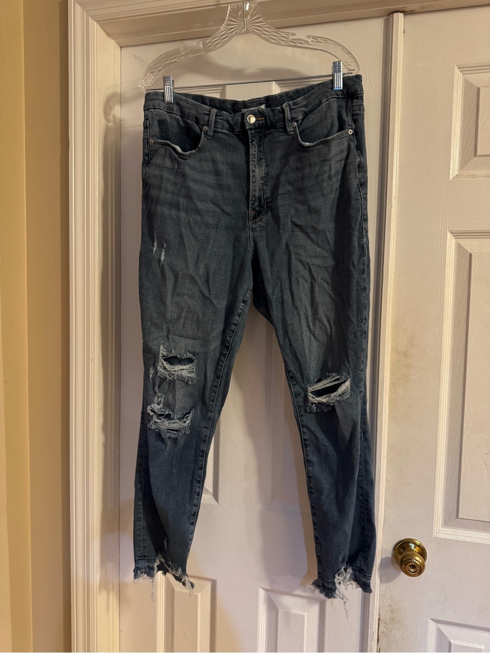 Good American High Waisted Dark Washed Distressed Women's Jeans